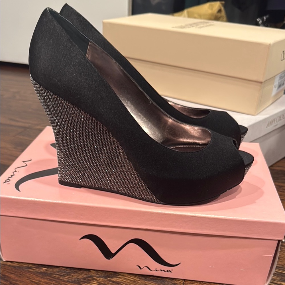 Nina Black Wedge Peep-Toe Shoes